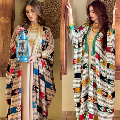 2024 New Stock Muslim Solid Color Tank Top Tower Stripe Bat Sleeve Coat Two Piece Arabic Panel Print Long Dress