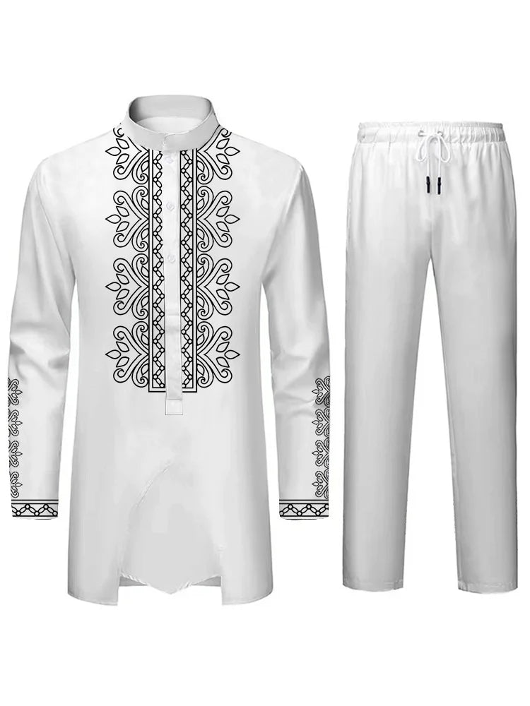 Middle East Islamic Mens Suit Suit Muslim Suit Personalized 3D Printed Pattern Arab Traditional Dress Loose Breathable Two Piece