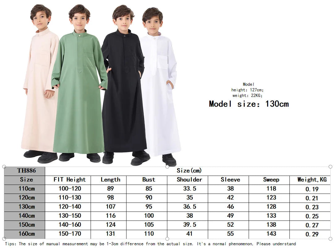 Ramadan Eid Muslim Solid Color Robe Islamic Arab Children Long Sleeve Dress Jubba Thobe Abaya Dubai Boys Clothing Turkey 2025