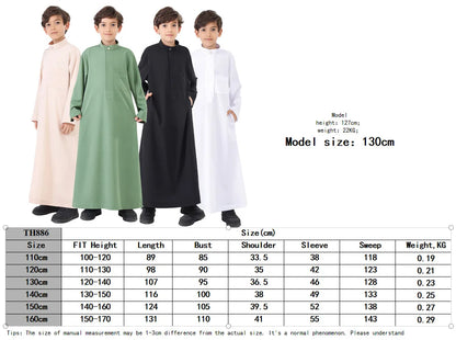 Ramadan Eid Muslim Solid Color Robe Islamic Arab Children Long Sleeve Dress Jubba Thobe Abaya Dubai Boys Clothing Turkey 2025