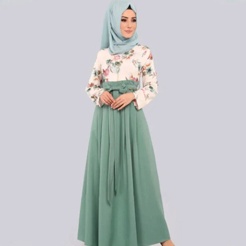 Fashion female abaya Turkish Islamic ruffle pleated hijab dress floral print women robe musulmane kaftan hijab Muslim long dress