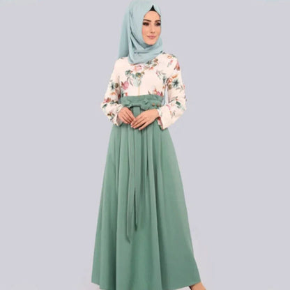 Fashion female abaya Turkish Islamic ruffle pleated hijab dress floral print women robe musulmane kaftan hijab Muslim long dress