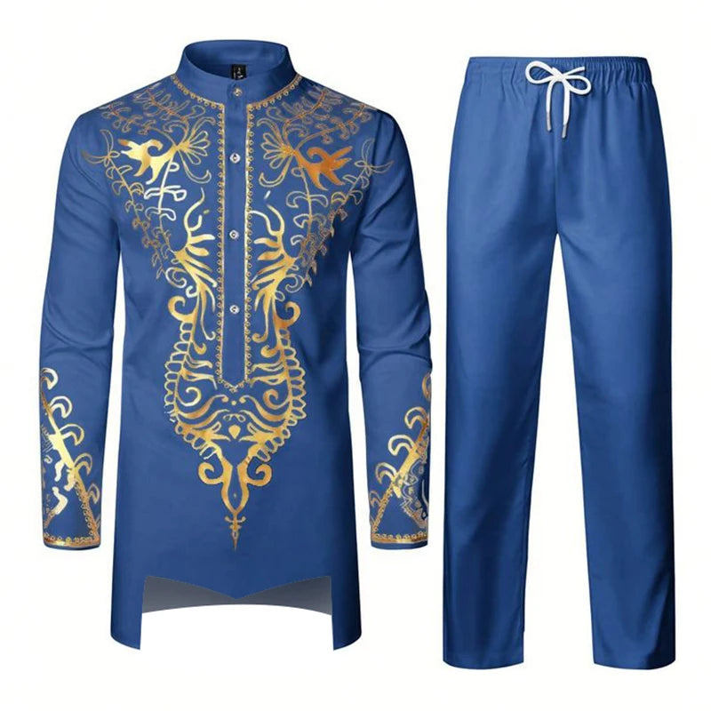 Muslim Robe Navy Blue Long-Sleeved Trousers The Traditional Dress of Arab Men 3D Pattern Printing Black White Yellow