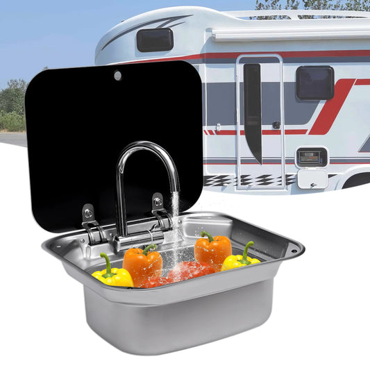 RV Sink Combo Stainless Steel Drop-in Kitchen Sink with Folded Faucet and Tempered Glass Lid for Camper RV Caravan or Boat