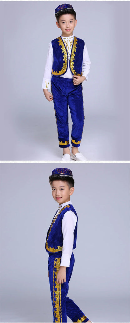 Traditional Muslim Clothing for Islamic Boy Arabic Jubba Thobe Arab Performance Saudi Arabia Dance Wear Top Pant Hat Set