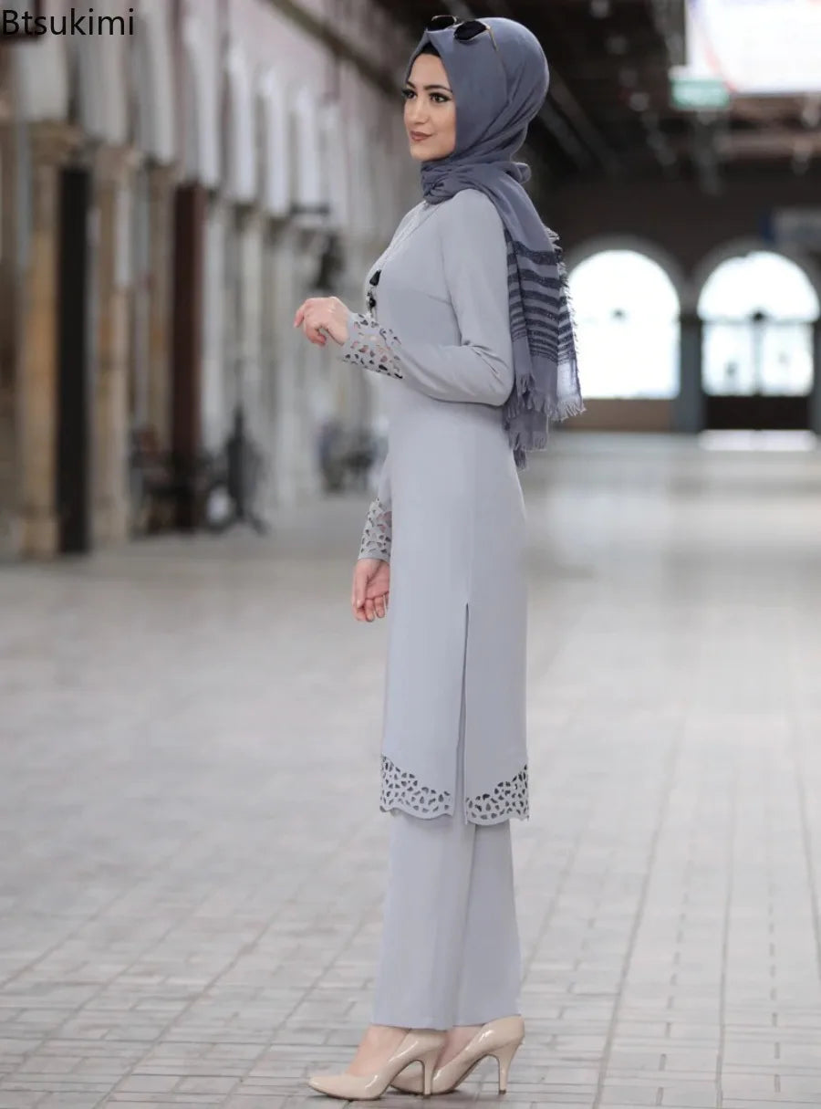 2024 Women Muslim Abaya Sets Fashion Hollow Out Long Sleeve Dreess and Pants Two Pieces Women Islamic Clothing Arab Dubai Kaftan