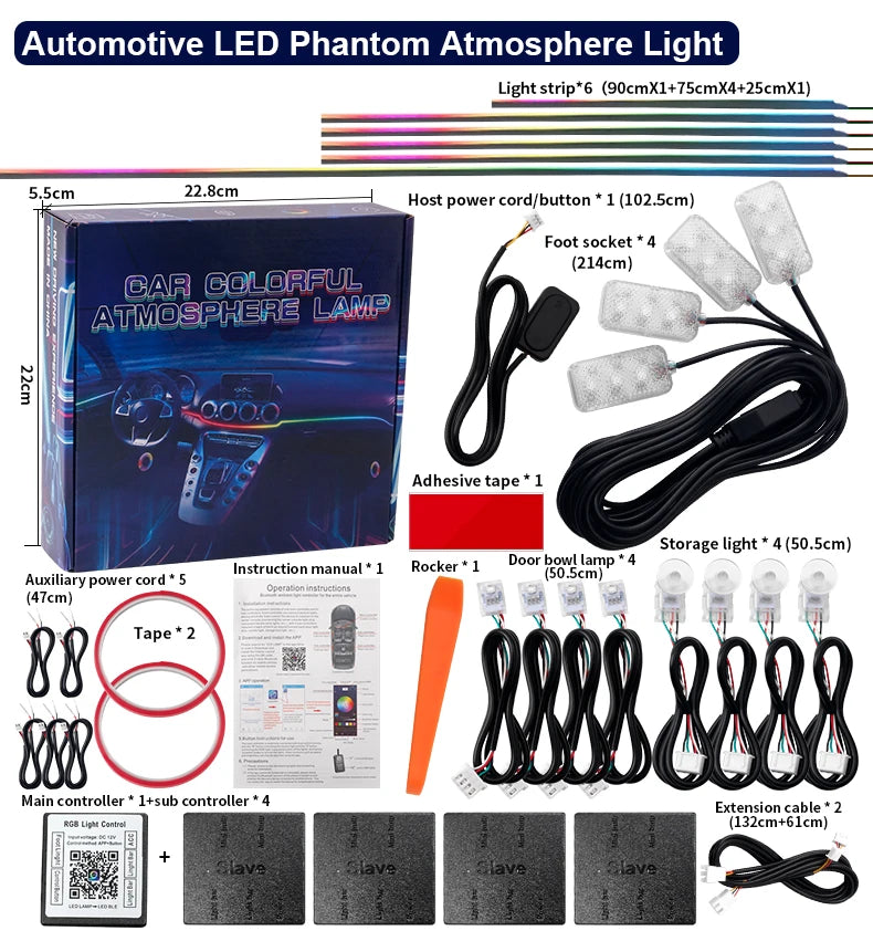 10/14/18 in 1 Led Car Ambient Lights 213 64 Color RGB Symphony Streamer Bluetooth Rainbow Acrylic Strips Atmosphere Lamp Kit 12V