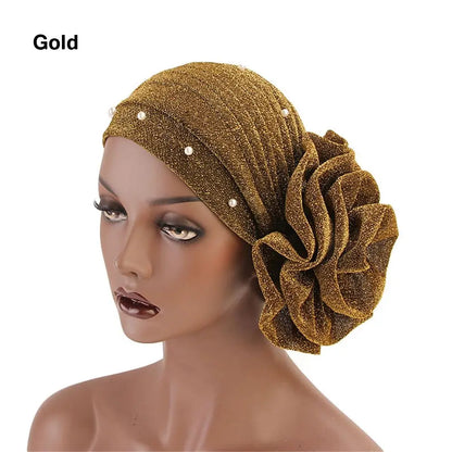 Women Cancer Chemo Cap Big Flower Shiny Silk Muslim Hat Hair Loss Head Scarf Pearls Elastic Turban Head Wrap Cover