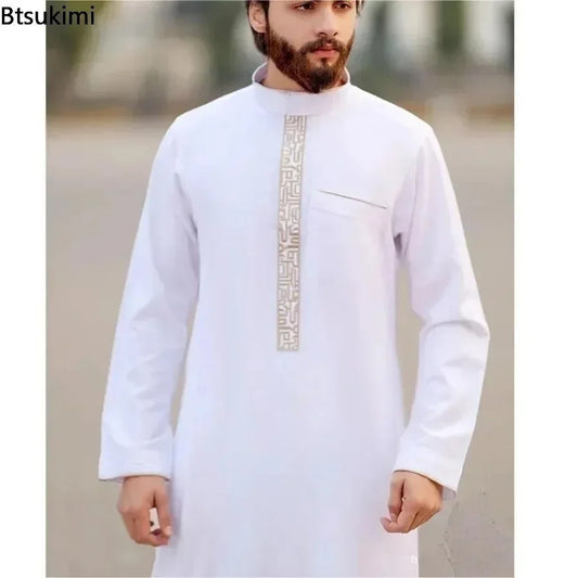 New 2025 Arab Men's Robe Abaya White Muslim Printed Clothing Men's Robe Long Dress Abaya Muslim Clothes for Men Gift Kaftan Men