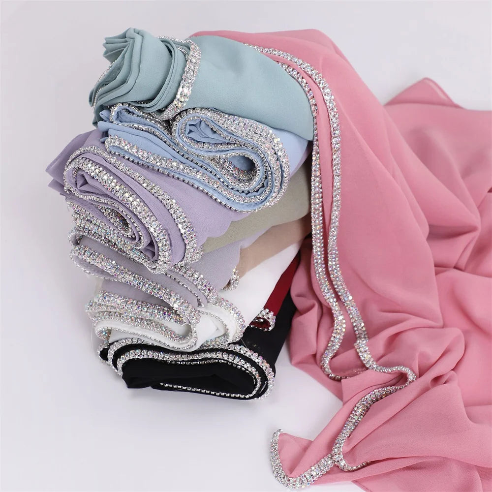 New Product Bright Diamond Chiffon Women Long Hijab Scarf Muslim Lady Hijab Caps Islam Clothing Turkish Turban Shawl Headscarves