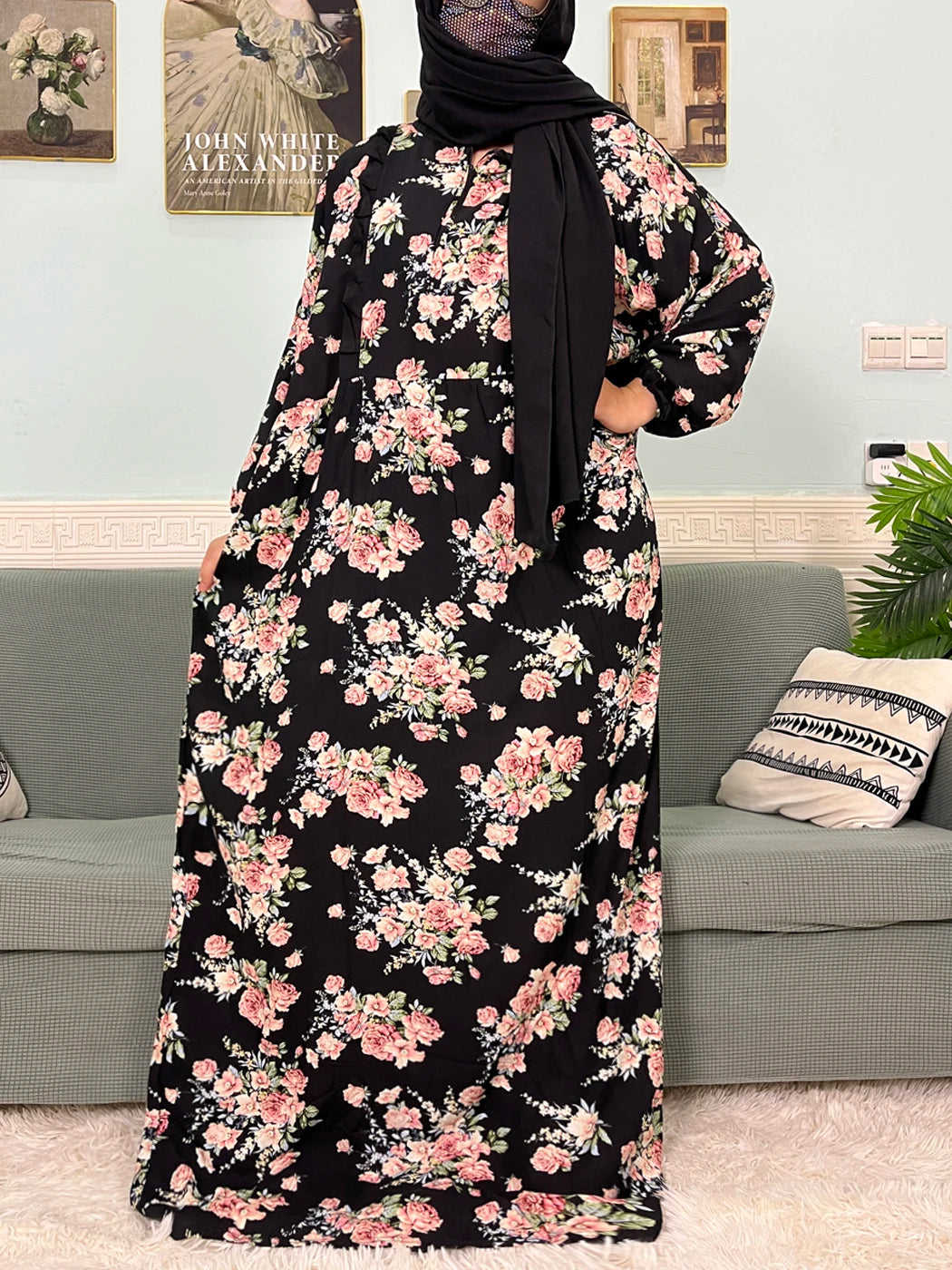 Muslim Traditional Ramadan Abayas For Women's Prayer Garment Cotton Printed Floral Boubou Loose Femme Robe Connected Headscarf