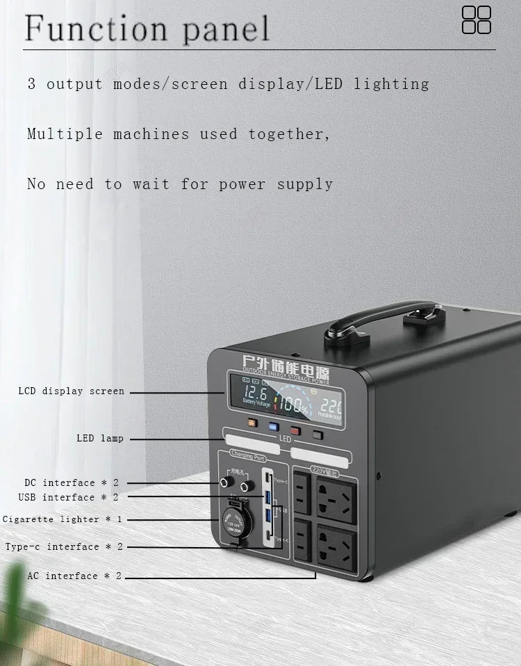 600W-2000W Portable Power Station Charging External Batteries 220V Energy Storage Supply Outdoor Camping Campervan RV