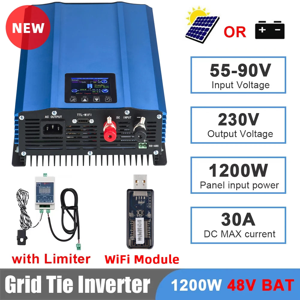 Y&H 1200W 1000W Grid Tie Inverter with Limiter Pure Sine Wave Solar Inverter Battery Discharge Mode Input 48V/24V Optional WiFi