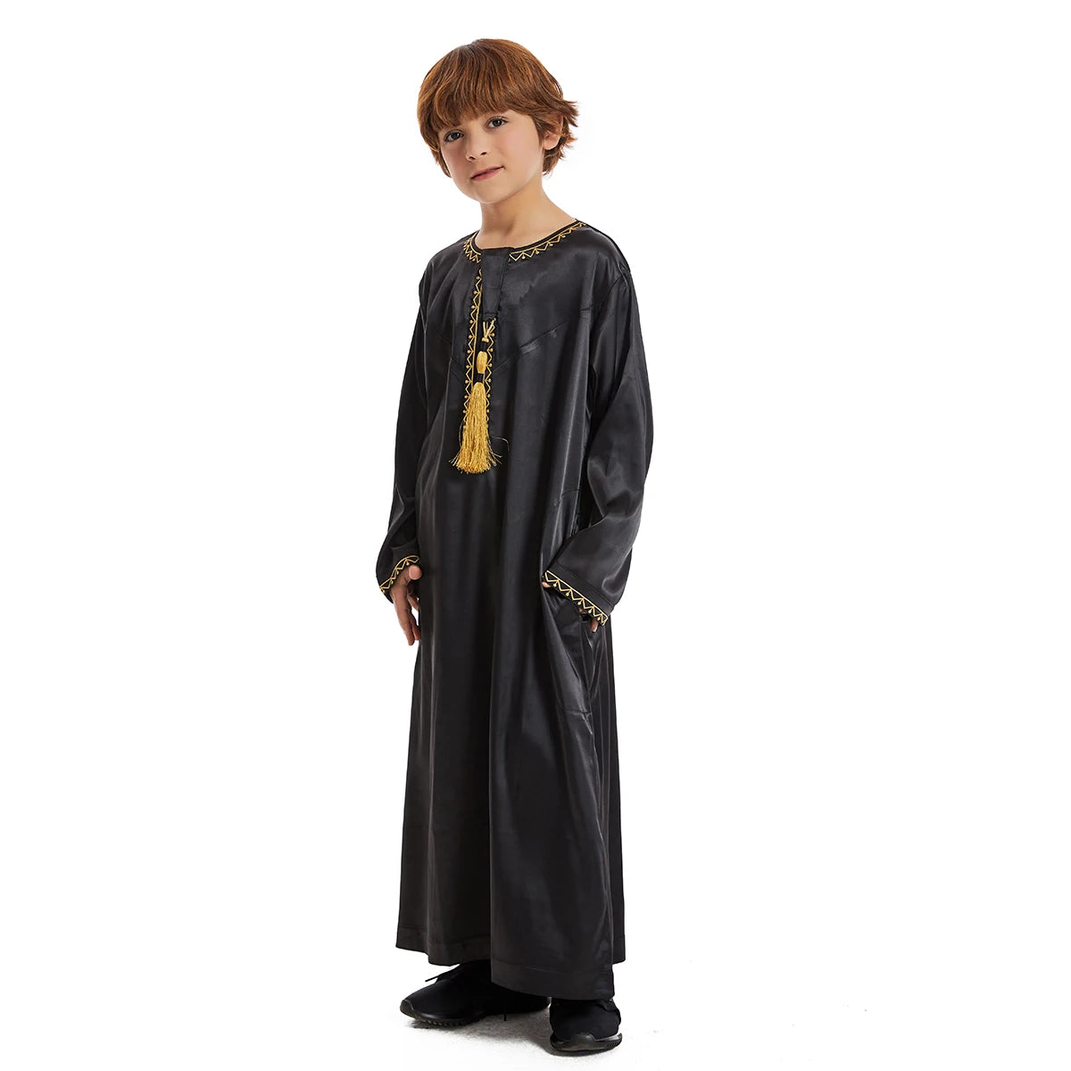 Luxury Muslim Thobe Boys Saudi Dress Kids Islamic Clothing Turkish Arab Dubai Black White Yellow Abaya Children TH881