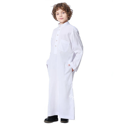 Solid Stand Collar Boys Kids Islamic Muslim Juba Kaftan Robe Arabian Dubai Qatar Children Long Dress Singel-Breasted Abaya Robe