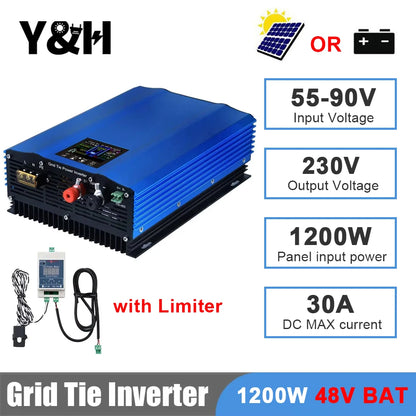 Y&H 1200W 1000W Grid Tie Inverter with Limiter Pure Sine Wave Solar Inverter Battery Discharge Mode Input 48V/24V Optional WiFi