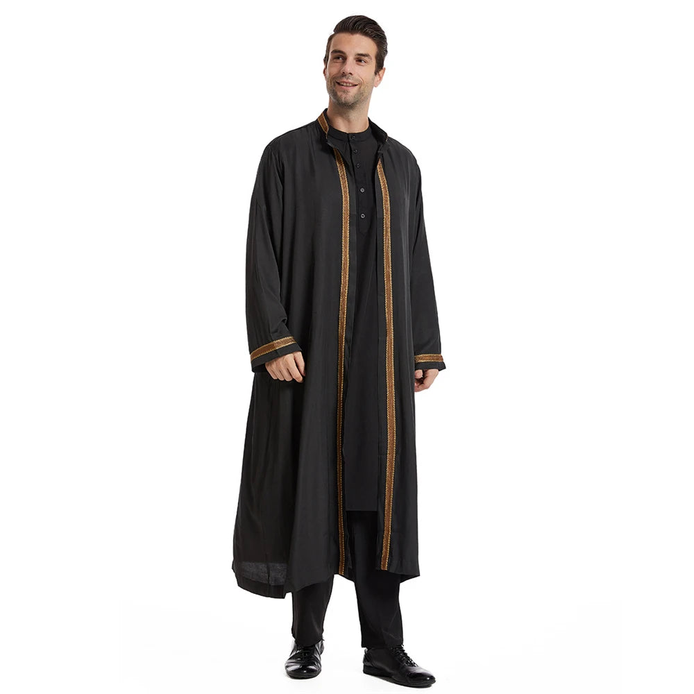 Men Open Abaya Muslim Saudi Jubba Thobe Islamic Clothing Ramadan Kimono Long Sleeve Robe Caftan Dubai Stand Collar Arabic Dress