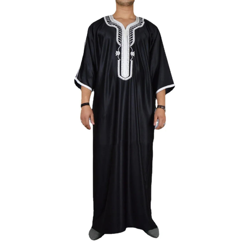 Arab Long Robe Islam Kaftan Muslim Eid Men Moroccan Dubai Caftan Embroidered Loose Breathable Abaya Jalabiya Thobe Summer 2024