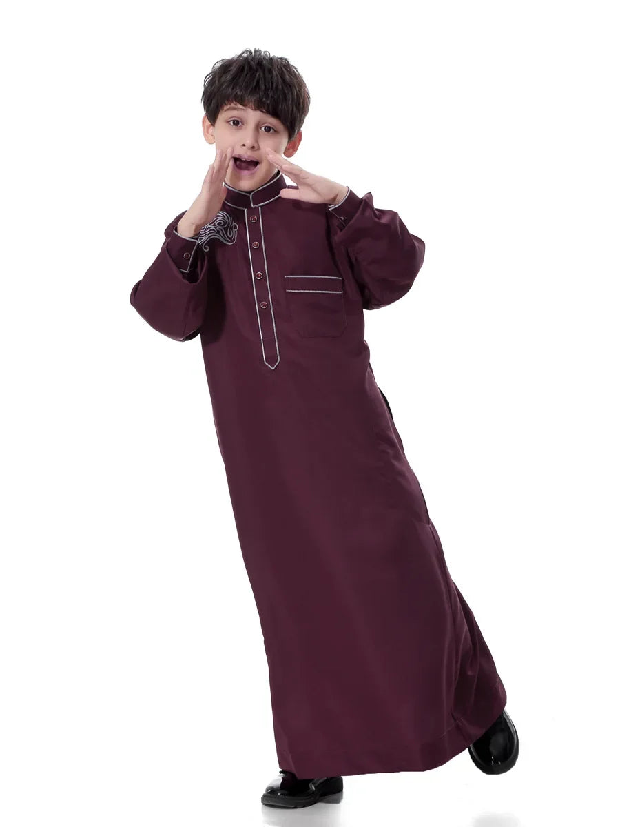 Ramadan Muslim Children Solid Robe Luxury Embroidery Islamic Arab Boys Abaya Singel-Breasted Long Sleeve Dress Dubai Jubba Thobe