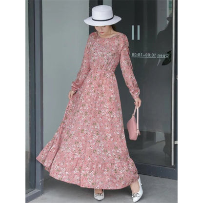 Spring Summer Female Solid Full Sleeve O-neck Casual Dress Women Bohemian Long Dress Woman Muslim Maxi Dresses