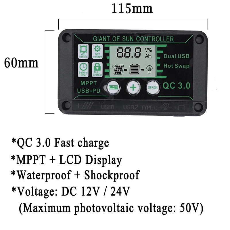 100A 80A 60A 30A 10A Solar Charge MPPT Controller 12V/24V/50V Solar Panel Charging Regulator With Dual USB With Auto Display