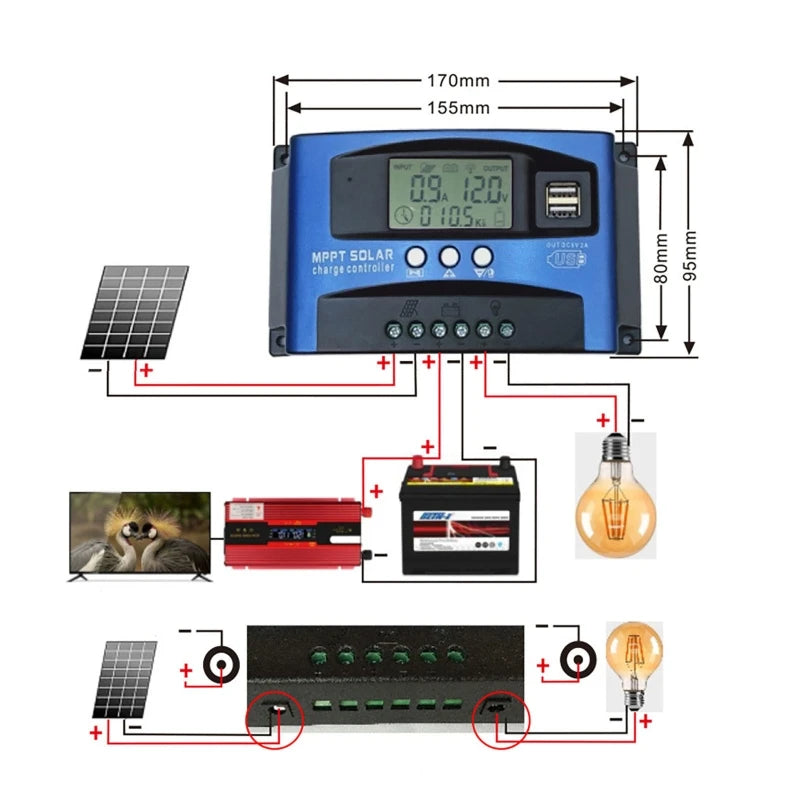 12V 24V WiFi bluetooth MPPT Solar Charge Controller w/LCD Display Dual USB For Lead-acid Lithium Battery 100A 60A 40A 30A