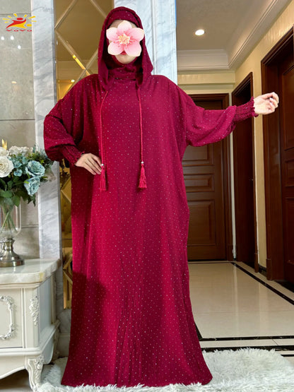 New Ramadan Muslim Double hat Solid Cotton Abaya Dubai Turkey Islam Prayer ClothesWith Stones Dress Islam Women Dress Kaftan