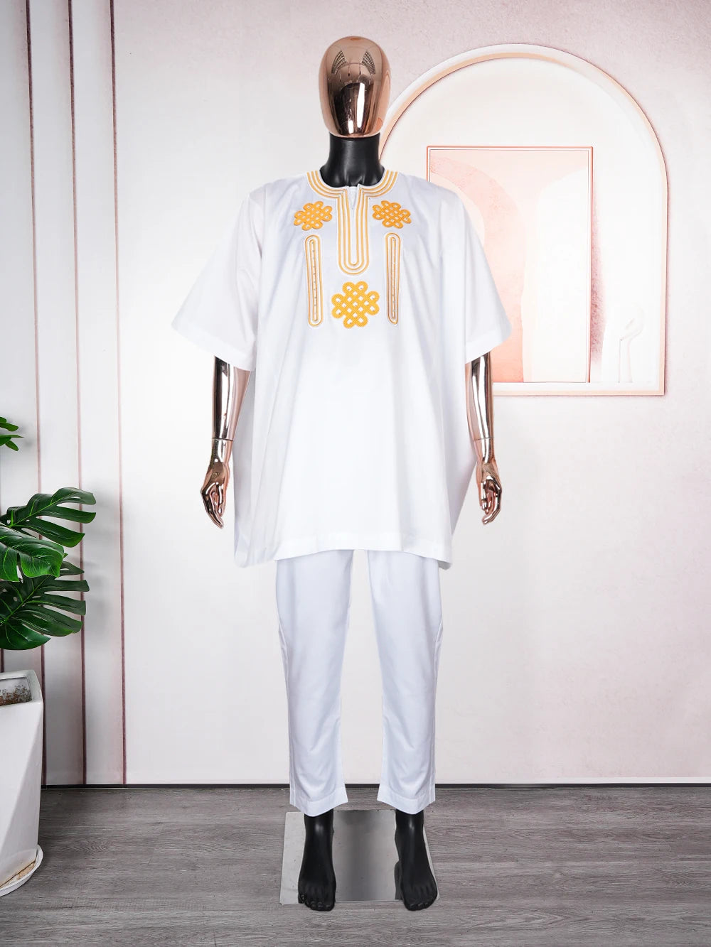 H&D African Clothes For Men 2 Pieces Set White Embroidered Tops Pants Traditional Clothing Muslim Ramadan Party Wedding Dress