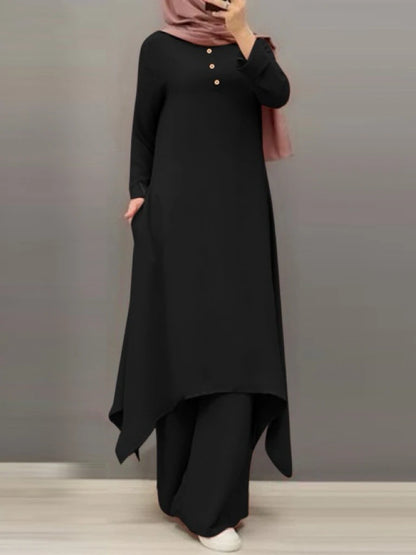 Traf Muslim Pants Suit Women Long Sleeve Blouse Abaya Loose Matching 2-pc Set Solid Bottoming Shirts Fashion Clothing StreetWear