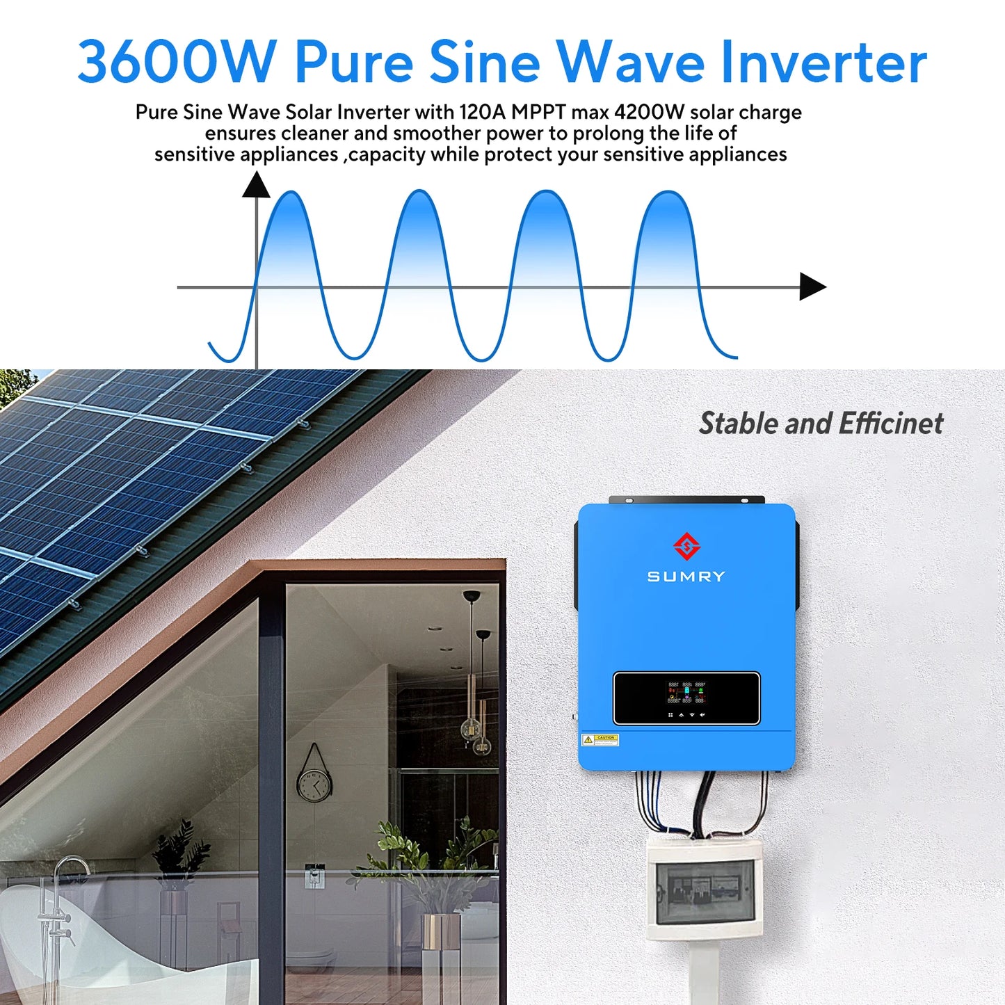 Sumry 3.6kw Hybrid Solar Inverter 110/120v 24v Dual Output with MPPT 120A 60-450v 50/60hz Home Inversor Pure Sine Wave