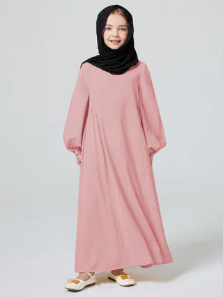 Ramadan Girl Abaya Muslim Elegant Solid Crew Neck Long Sleeve Kaftan Kids Dress For Pray Party