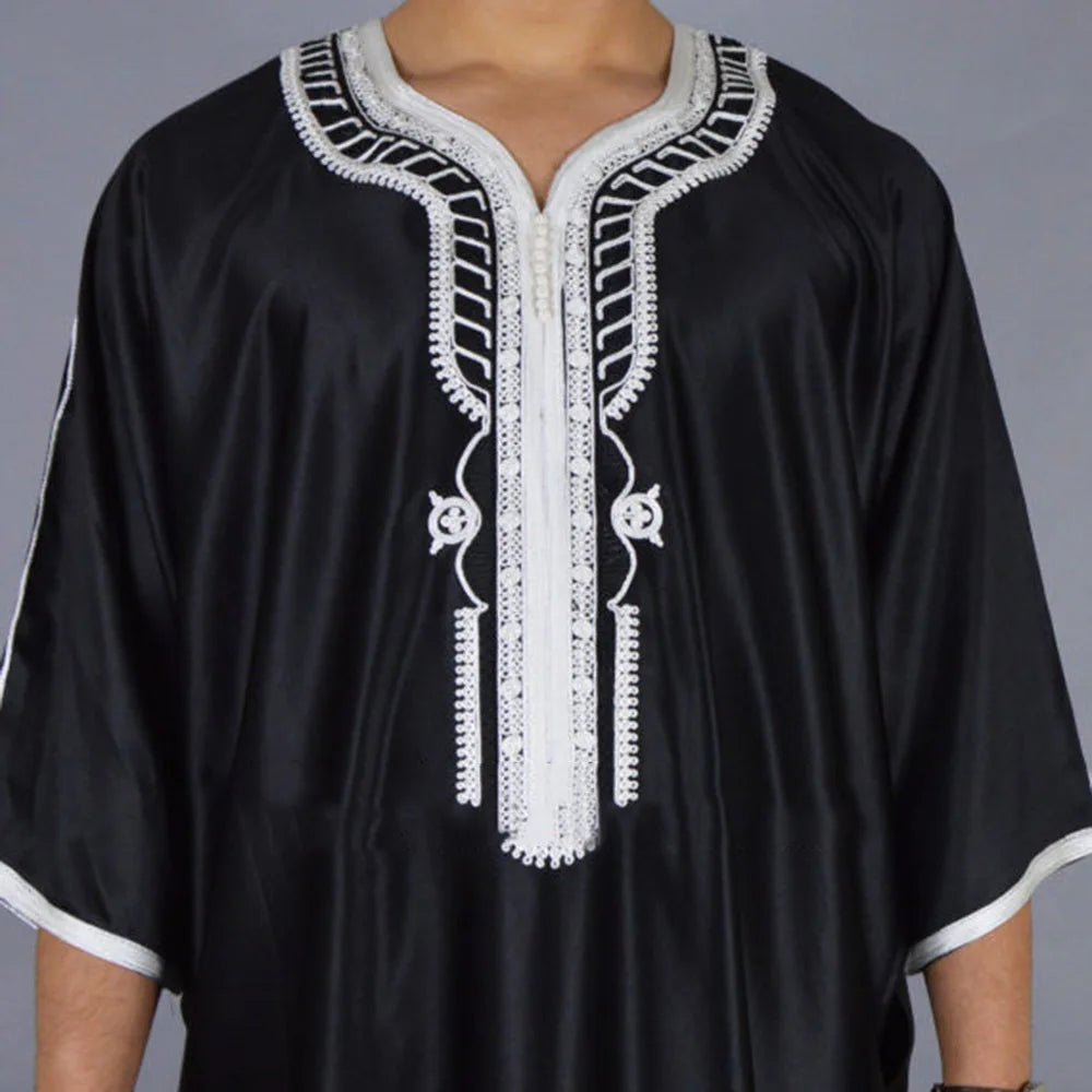 Arab Long Robe Islam Kaftan Muslim Eid Men Moroccan Dubai Caftan Embroidered Loose Breathable Abaya Jalabiya Thobe Summer 2024