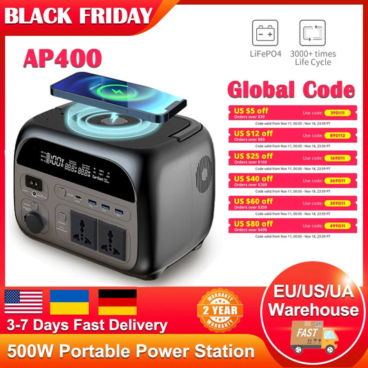 500W Portable Power Station 345.6Wh 108000mAh Solar Generator LiFePo4 Batteries 220V Energy Storage Supply Camping Campervan RV