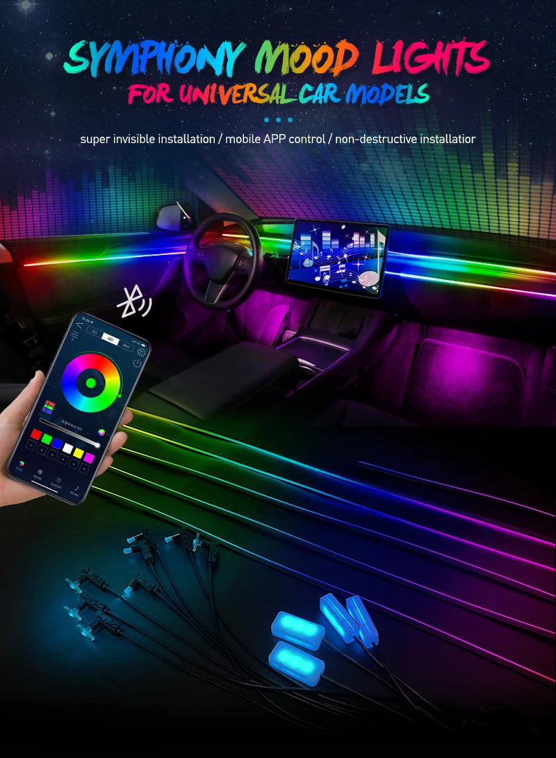 Full Color Streamer Car Ambient Lights RGB 64 Color Universal LED Interior Hidden Acrylic Strip Symphony Atmosphere Lamp