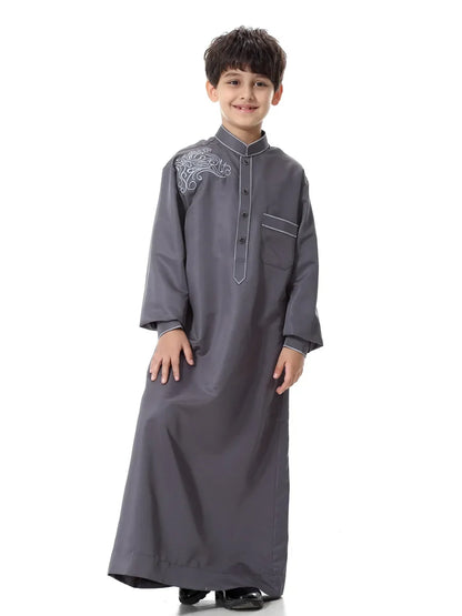 Ramadan Muslim Children Solid Robe Luxury Embroidery Islamic Arab Boys Abaya Singel-Breasted Long Sleeve Dress Dubai Jubba Thobe