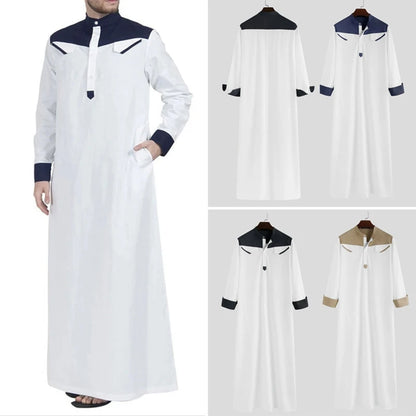 Traditional Muslim Clothing Contrast Color Muslim Dress Middle East Jubba Thobe Men Robe w/ Long Sleeves Mandarin Neck