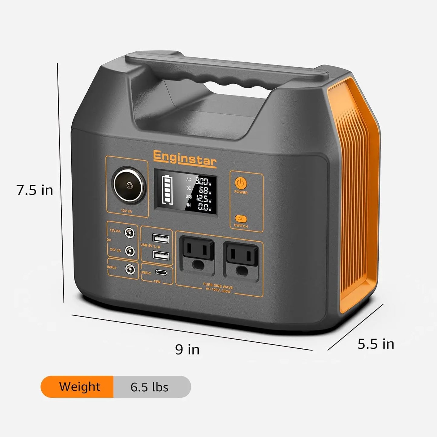 EnginStar Portable Power Station 300W 296Wh Battery Bank with 110V Pure Sine Wave AC Outlet for Outdoors Camping Hunting