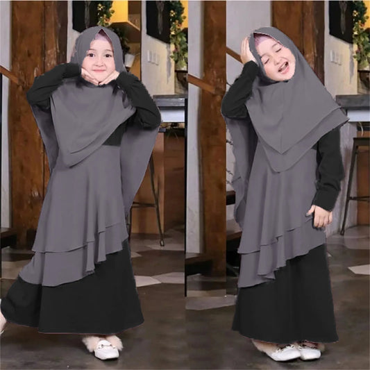 2Pcs Muslim Ramadan Sets Children Girls Prayer Dresses Hijab Abaya Arab Kids Long Khimar Robe with Headscarf Islamic Kaftan Gown