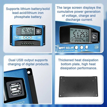 30A 40A 50A 60A 100A bluetooth Wifi Solar Panel Controller 2 USB LCD Screen 12V/24V MPPT Solar Panels Battery Charge Controller