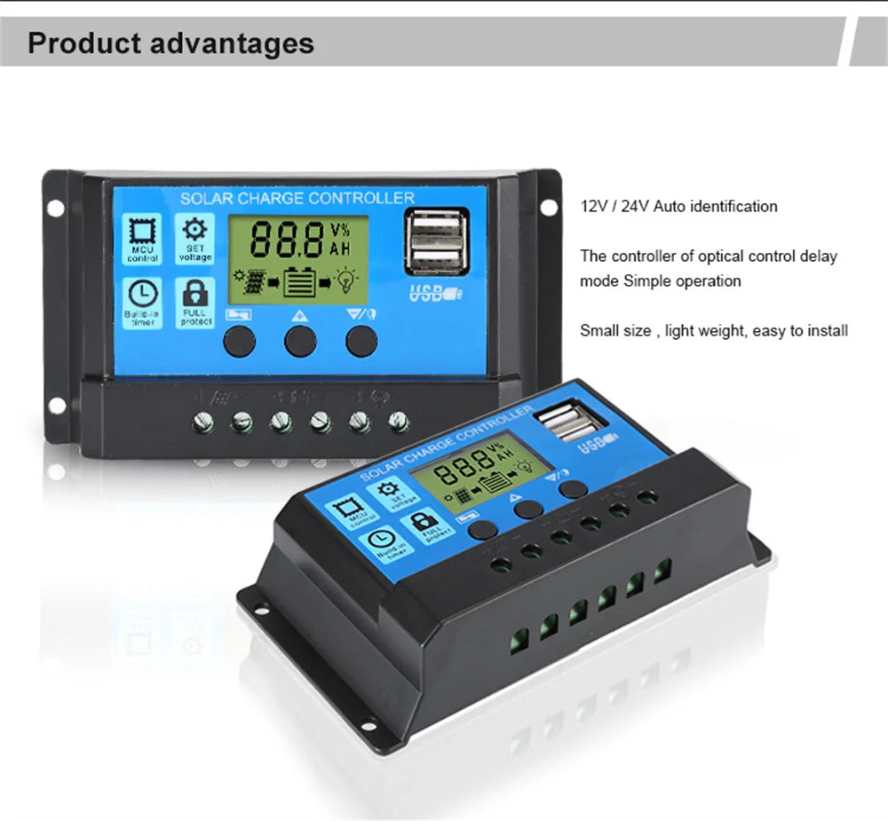 Upgraded 10A 20A 30A Solar Controller 12V/24V Auto Solar Panel PV Regulator PWM Battery Charger 5V Output LCD Display Dual USB