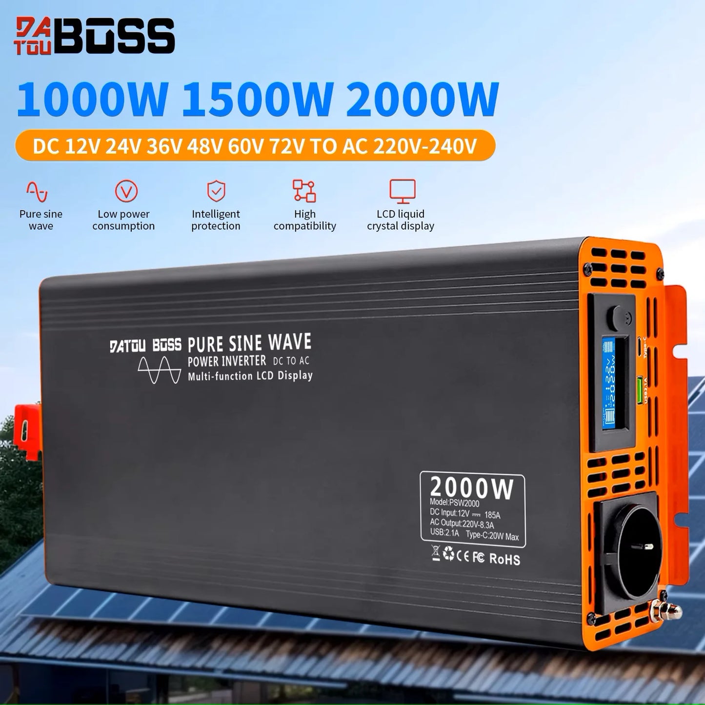 DATOUBOSS Pure Sine Wave Inverter 4000W DC 12V 24V 36V 48V 60V 72V to AC 220V 240V  Continuous Power 2000W With LCD Inverter