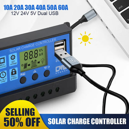 10A 20A 30A 40A 50A 60A Solar Charge Controller 12V 24V Auto PWM 5V Output Regulator PV Home Battery Charger LCD Dual USB