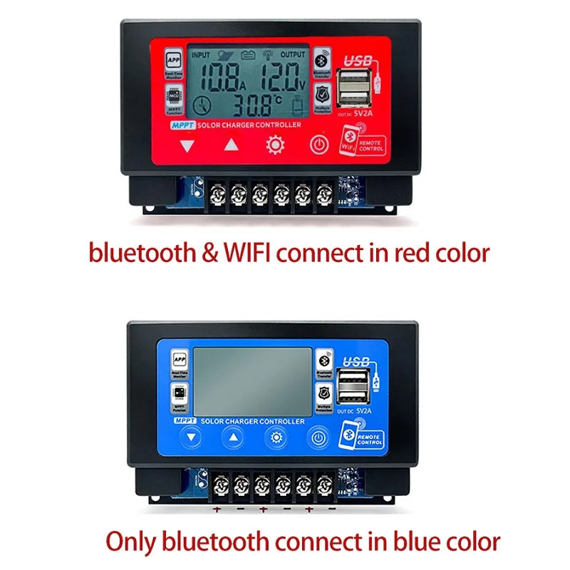 12V 24V 36V 48V 60V Auto bluetooth Wifi Solar Charge Controller Embedded Snap-on Dual USB MPPT For Lithium Lead Acid Battery