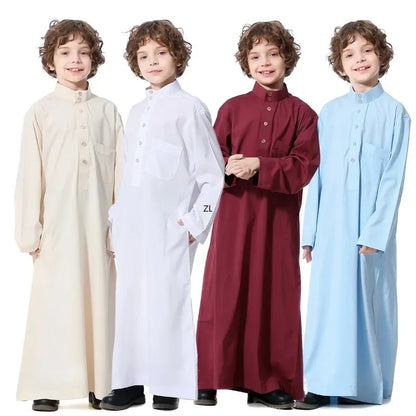 Muslim Saudi Kids Boys Dishdasha Long Sleeve Robe Thobe Dubai Islamic Abaya Middle East Arab Clothing Child Dress Kaftan Caftans