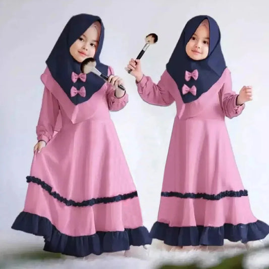 Eid Arabic Robe 2 Piece Kids Girls Khimar Caftan Set Muslim Outfits Islam Clothing Burqa Abaya Scarf Kaftan Prayer Dress Garment