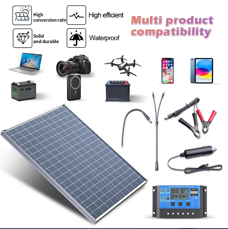 500W Solar Panel 12V Polycrystalline Silicon Solar Charging Panel Kit Outdoor Household Portable Rechargeable Solar Cell Charger