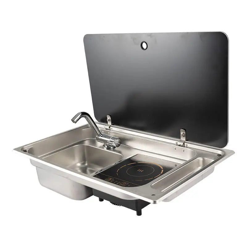 RV Stainless Steel Stove Sink And Induction Cooker Combination Unit With Tempered Glass Lid For Caravan Motorhome Yacht