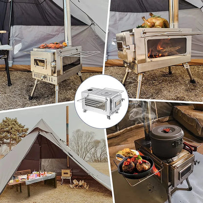 Large Portable Fire Wood Stove with Window Pipe, Tent Heater, Cot Camping, Ice-fishing Cooking, Outdoor BBQ