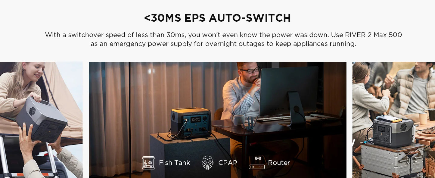 ECOFLOW Portable Power Station RIVER 2 Max, 499Wh/512Wh LiFePO4 Battery/ 1 Hour Fast Charging, Up To 1000W Output