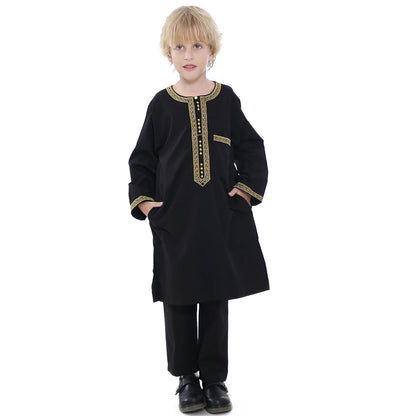 2025 Muslim Kids Jubba Thobe Arab Boy Thobe Children Abaya Ramadan Dress Pant Set 2 Piece Caftan Robe Kaftan Musulman Ensembles